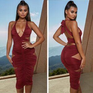 Oh Polly Twisted Love Ruched Halter Neck Midi Dress Size 6 Wine Cut-outs Party